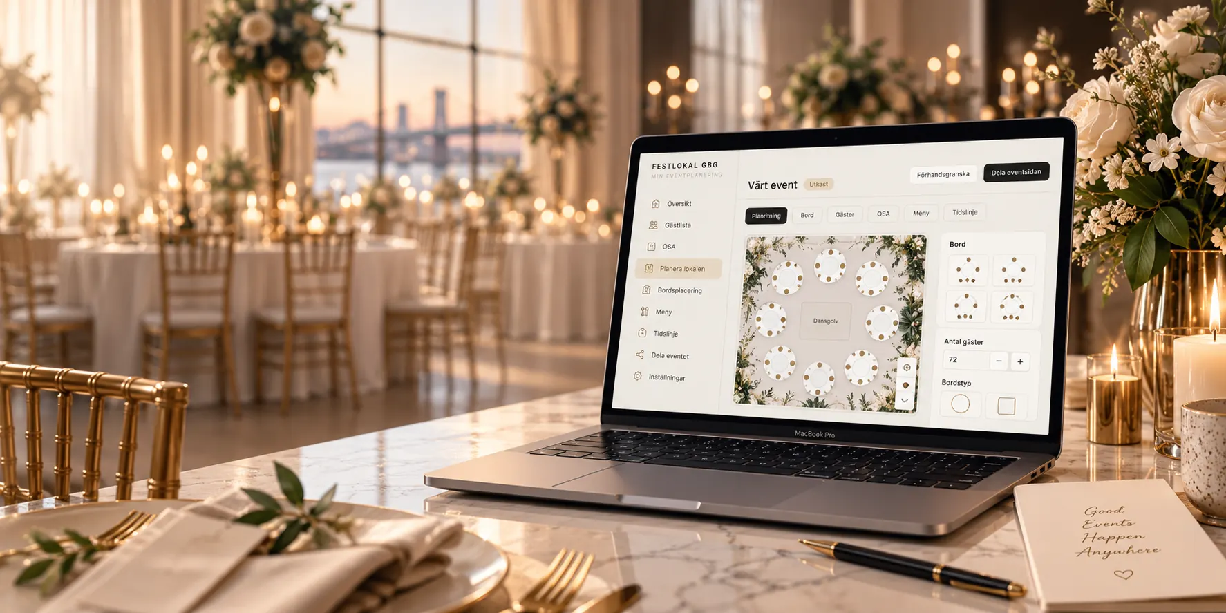 FestlokalGBG:s kostnadsfria eventplanerare på en MacBook i en elegant eventmiljö